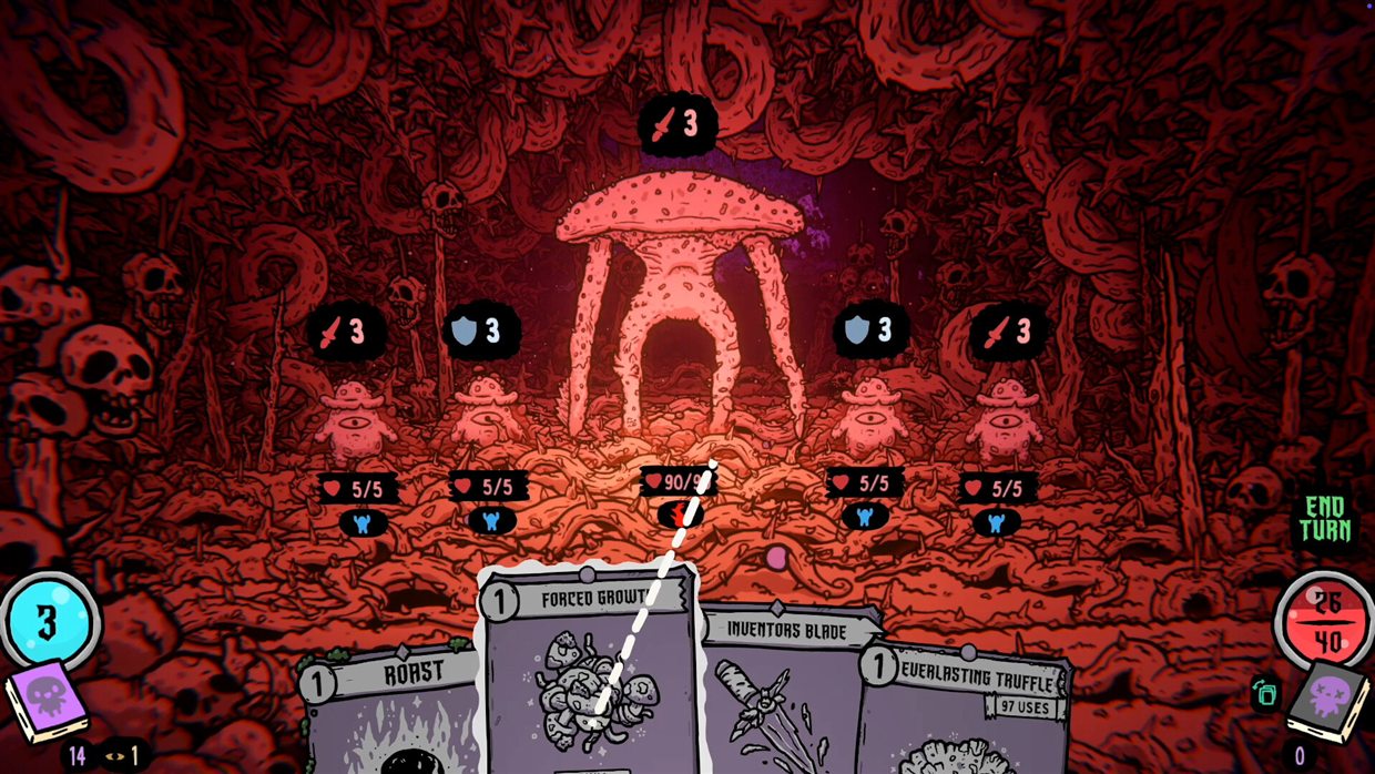 Shroom and Gloom combat hand showing attack cards with upgraded damage values during an Early Access run