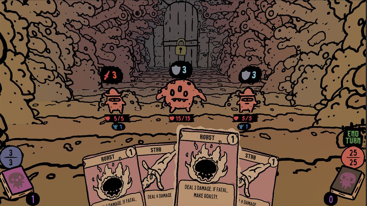 Shroom and Gloom combat hand showing Roast, Stab and Flash cards played against mushroom enemies with damage and health counters on screen