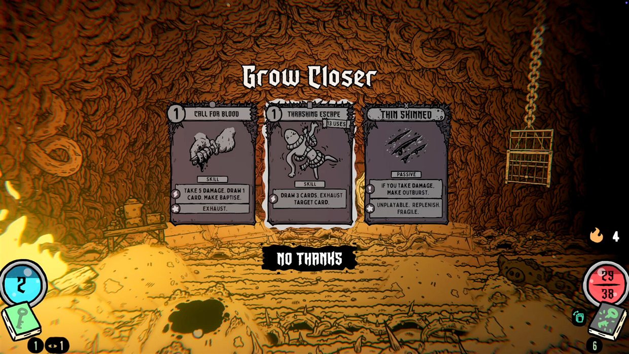 Shroom and Gloom card reward screen with a Grow Closer choice and the option to decline, part of the post-fight reward flow between runs