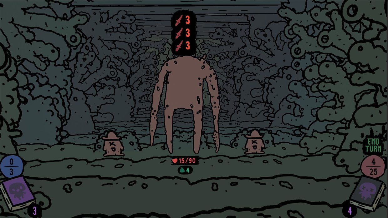 Shroom and Gloom machine enemies covered in gunk during a Janitor fight with cleaning cards in hand