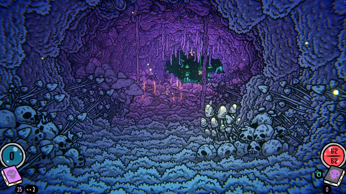 A purple-lit cavern and distant doorway in Shroom and Gloom