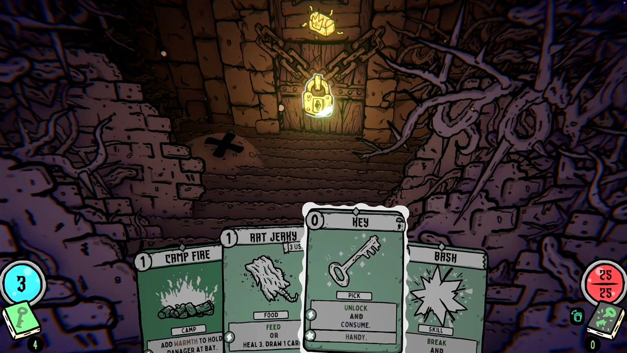 Shroom and Gloom first-run corridor scene with a chained gate, a lit torch, and Camp Fire, Rat Jerky, Key and Bash cards held in hand
