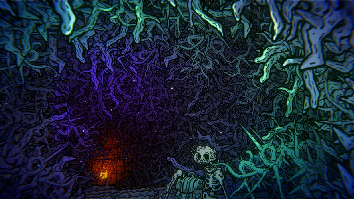 Shroom and Gloom cave camp scene with Warmth and health indicators visible while resting between tunnels in the Early Access build