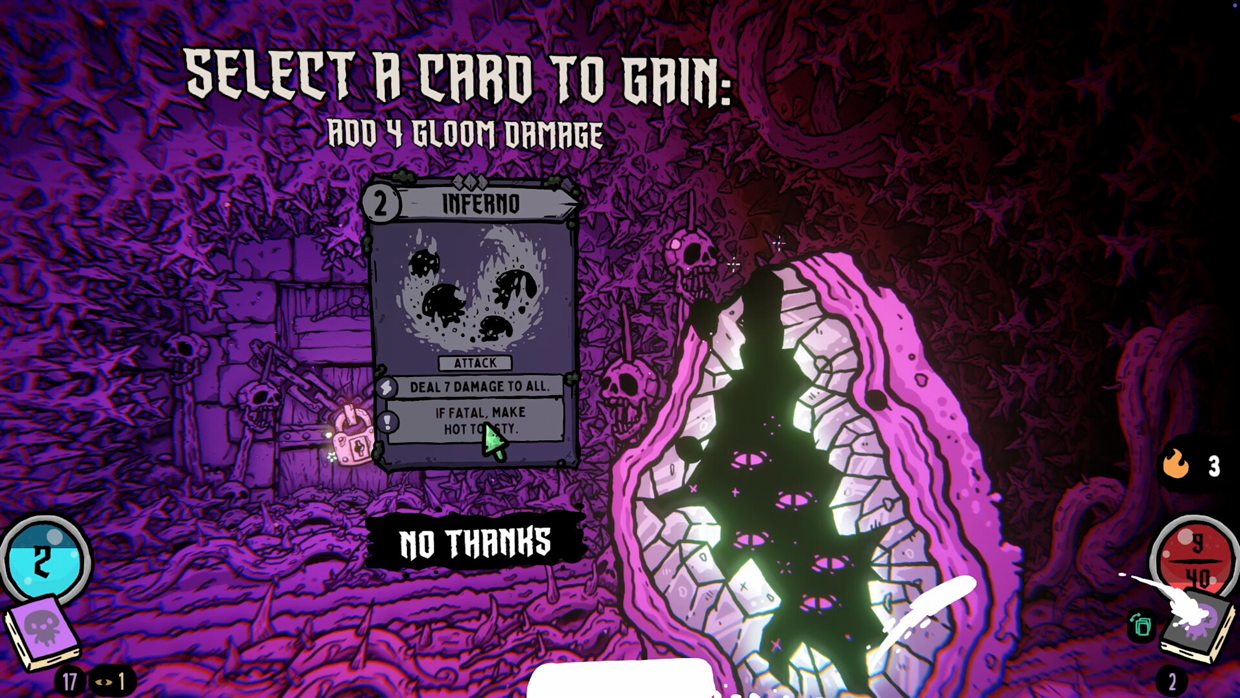 Shroom and Gloom card choice interface with readable card text and energy costs during an Early Access run